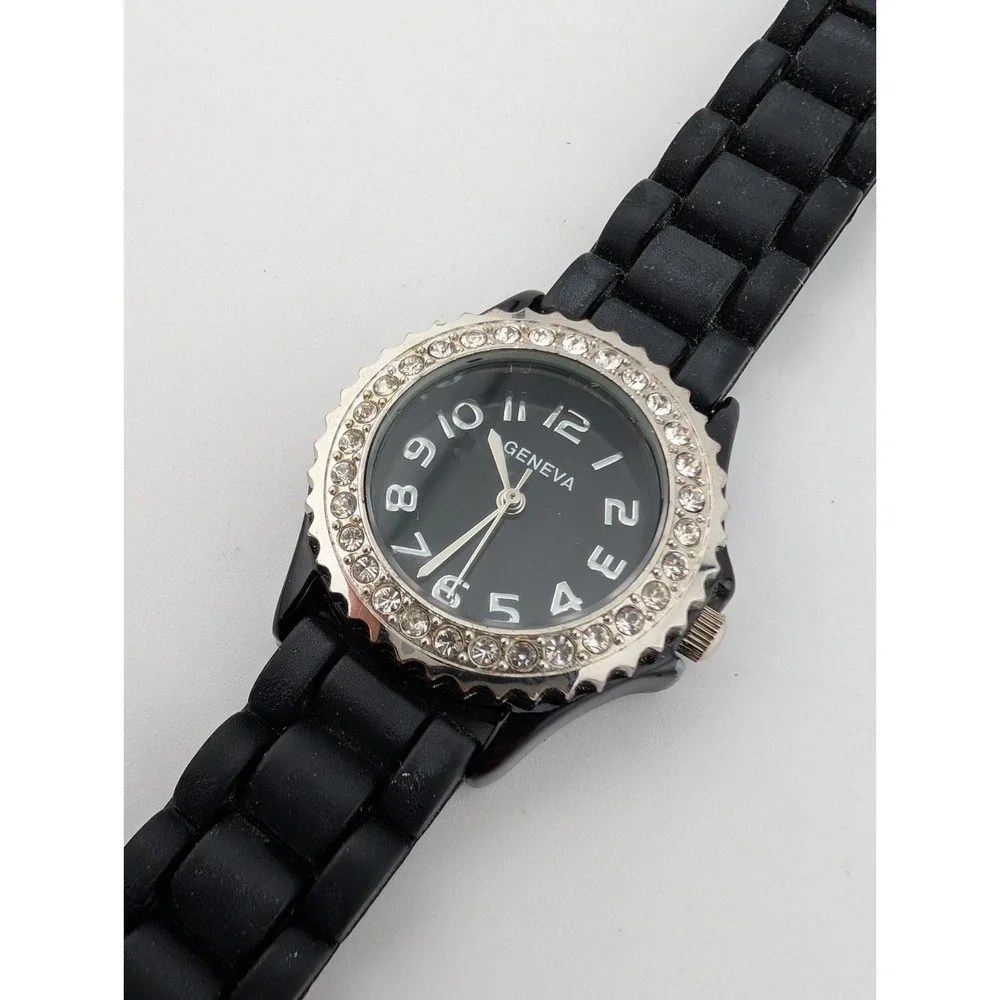 Geneva Women's Watch 32mm Case Rhinestone Bezel Black Silicone Band- New Battery